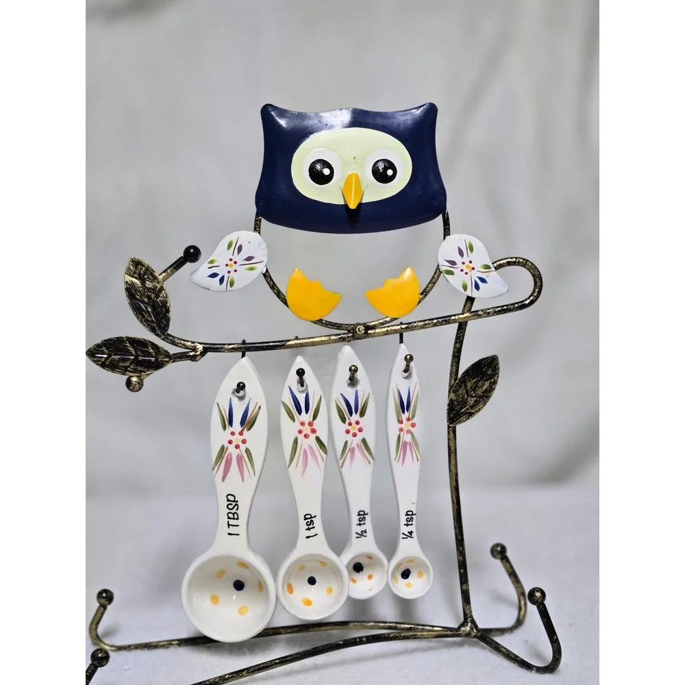 Ceramic Owl Measuring Spoons Set with Metal Branch Display Stand 5 Piece Set